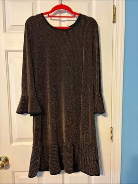 Michael Kors Black Metallic-Thread Shift Dress with Ruffle Hem